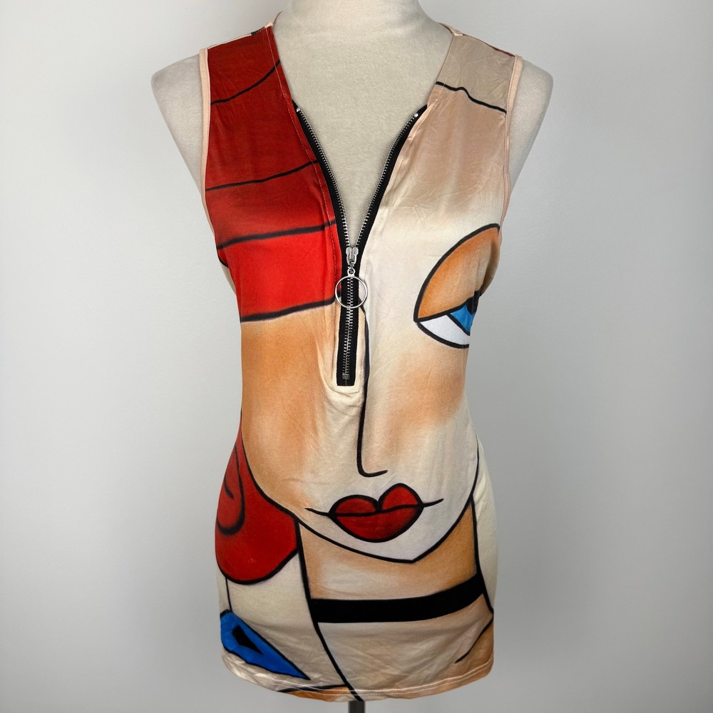 Abstract Pop Art Face Graphic Tank Top Half Zip O-Ring Red Tan Sleeveless Sz XXL